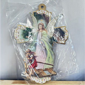 Italian Wooden Cross with Guardian Angle: "Heavenly Protection" Wood Plaque